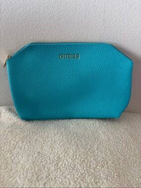 GUESS Turquoise Pebbled Cosmetic Pouch with Gold Logo